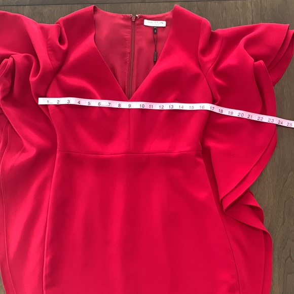 Crimson Red Halston Heritage Evening Collection V-neck dress with bat sleeves. - Picture 12 of 13